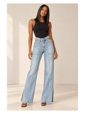 LNDN Sunday Pant Medium Wash Cut-Out Waist Slit-Leg Jeans NWT · Sizes 24